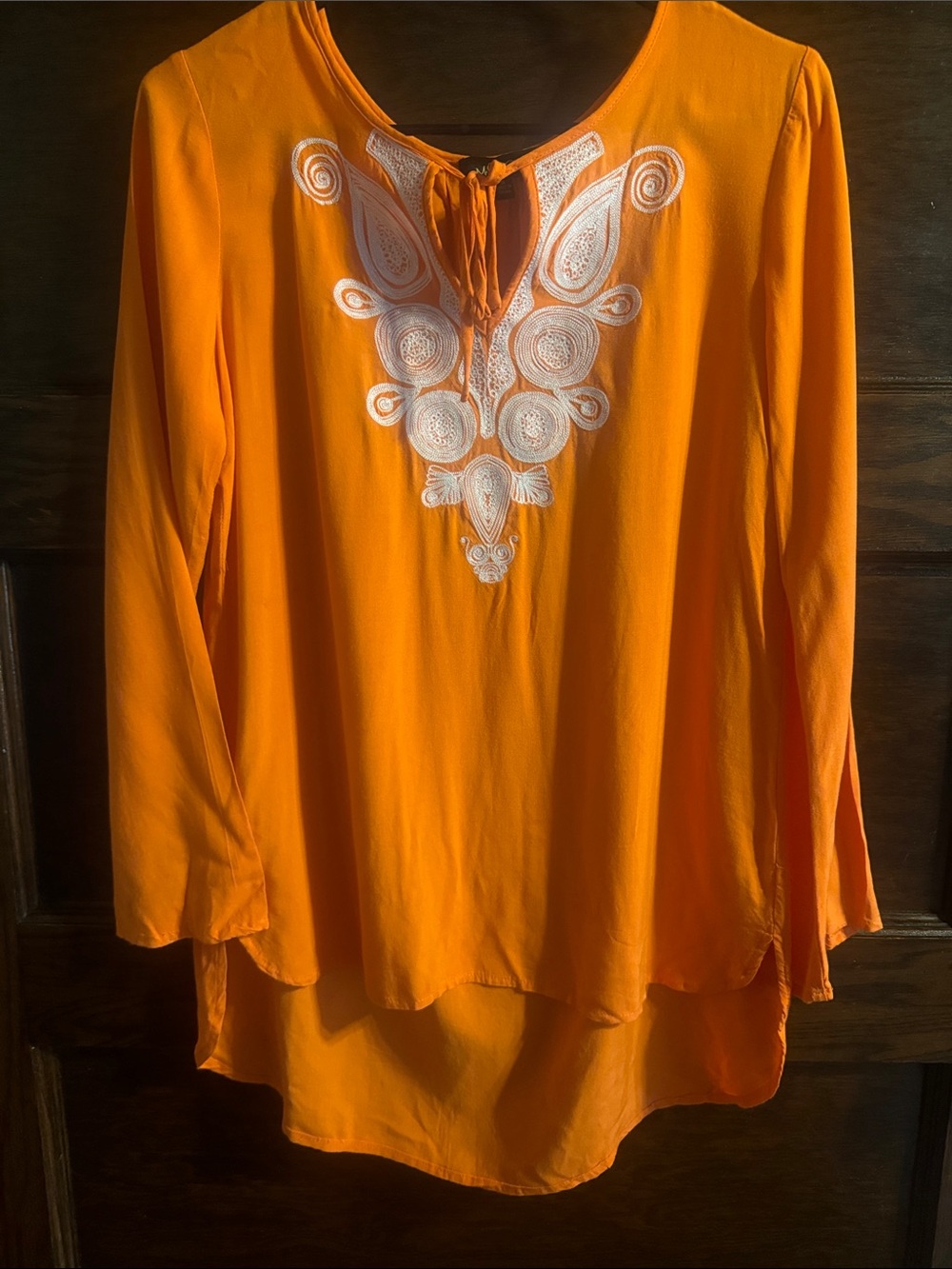 Melissa Paige Bright Orange Long-Sleeve Tunic with White Embroidery
